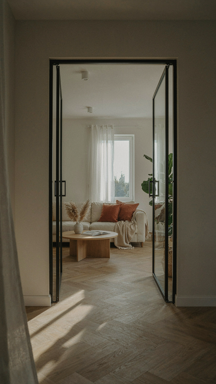 A wide, open doorway in a modern home leads to an accessible living space.