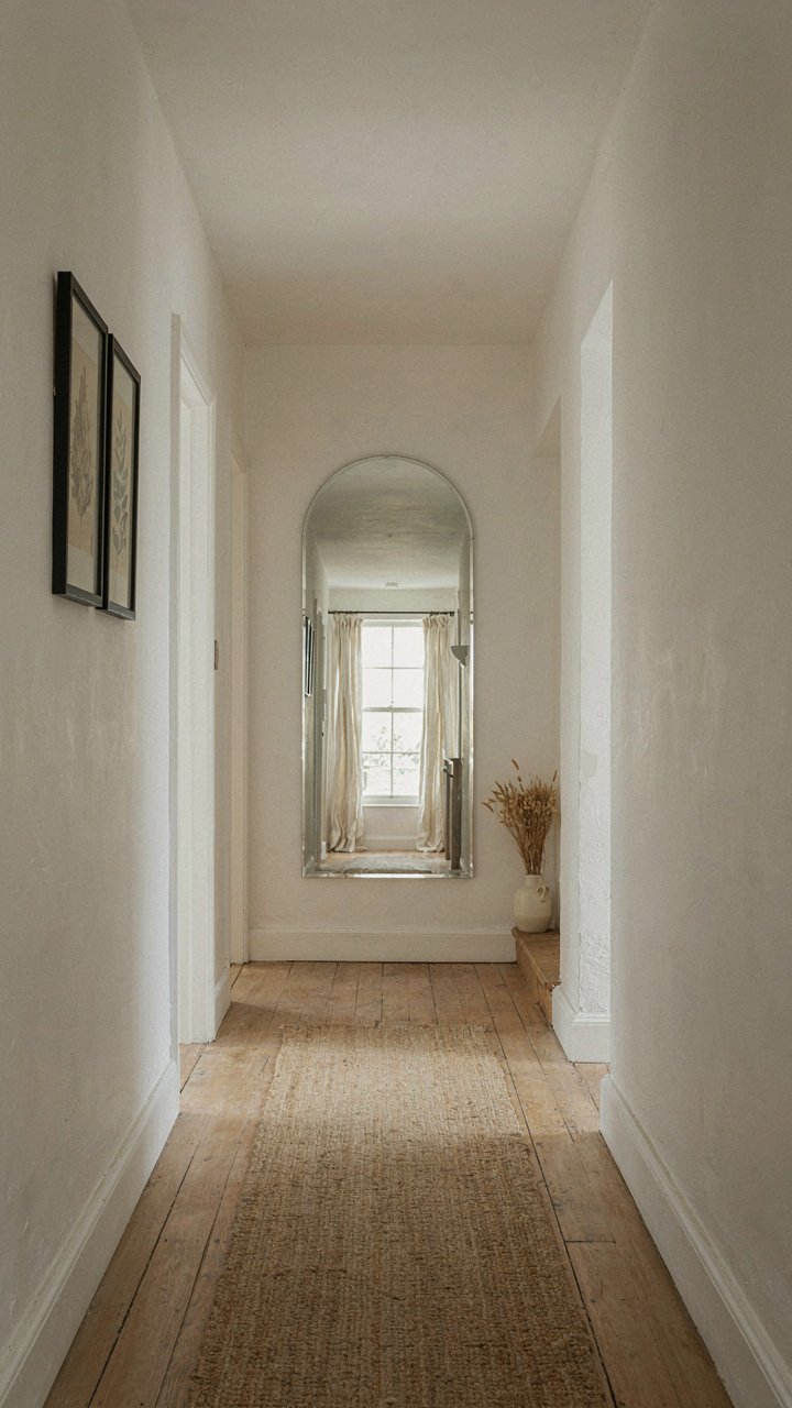 A white cottage hallway with a mirror reflecting light and extending space.