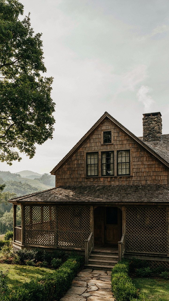 A north-facing porch section with dense lattice blocks wind for the cottage.