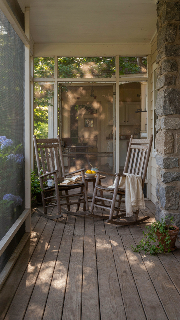 A wide, screened-in farmhouse porch with natural wood and stone details.