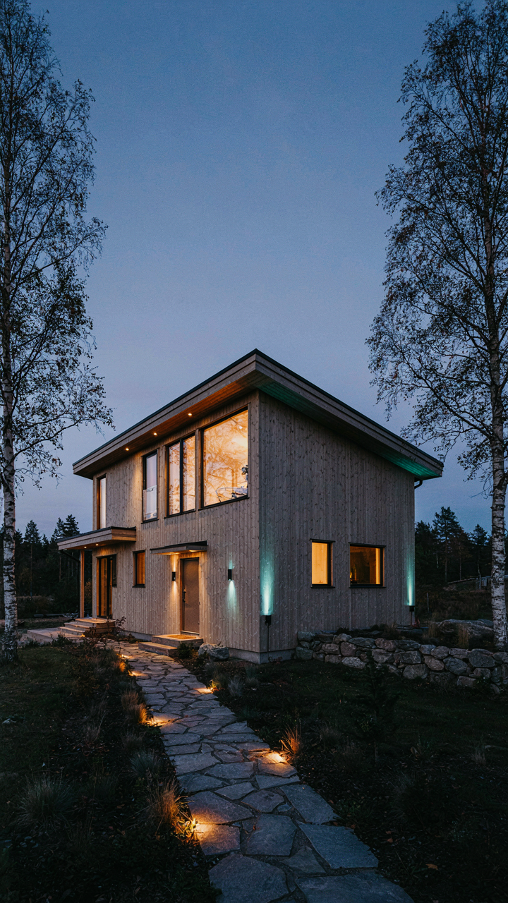 Layered exterior lighting on a nordic home with warm path lights and cool accent lights.
