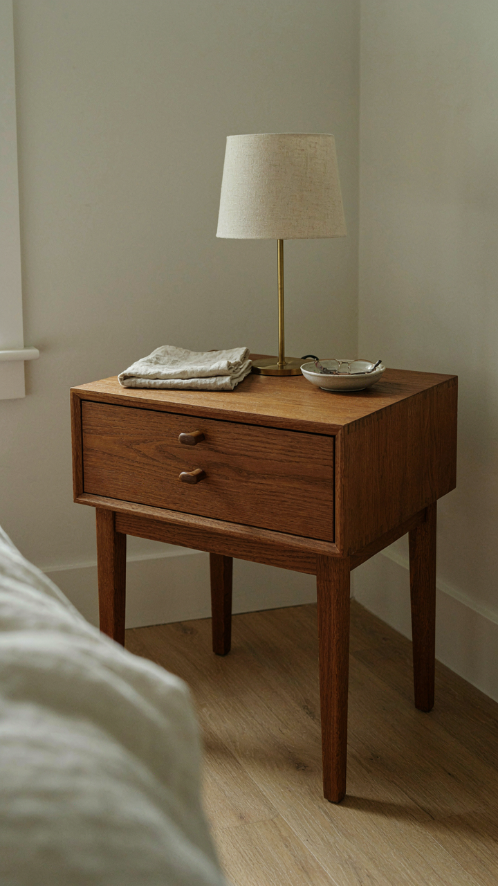 A wooden nightstand with dovetail joinery and a functional lamp.