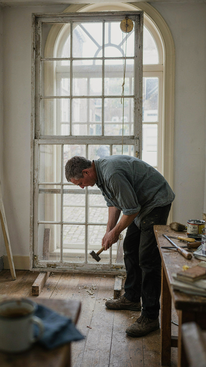 A restorer carefully repairing an original double-hung window on a dutch colonial house.