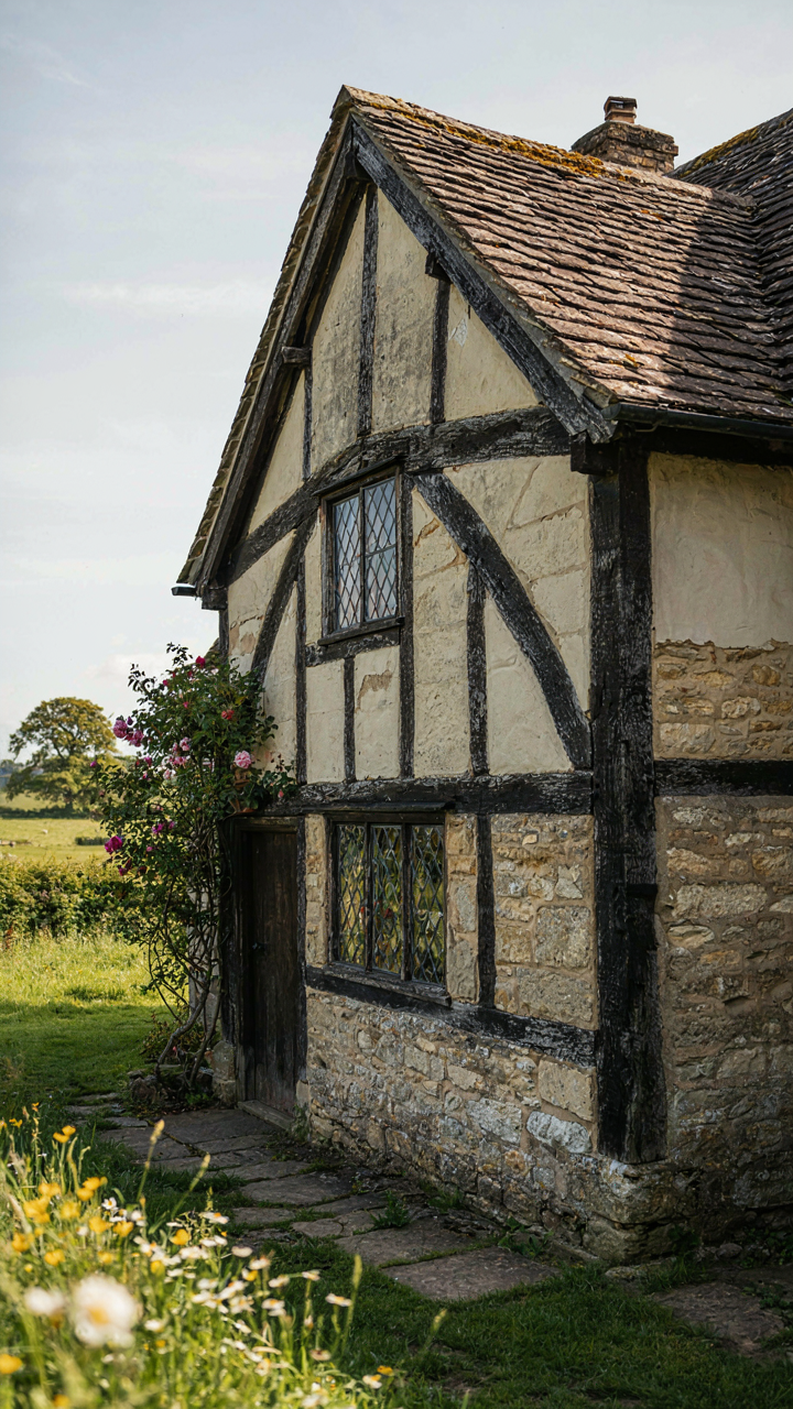 The exterior of an old English cottage with exposed timber and stone.