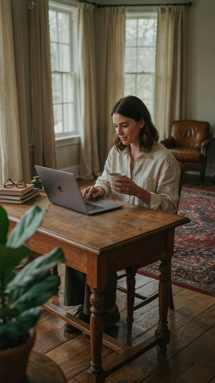 A modern laptop on an antique wooden desk in a colonial house interior, blending old and new.