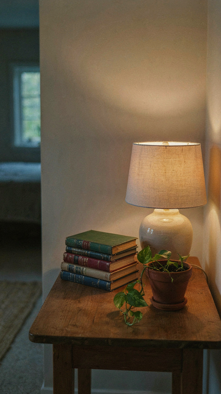 A bedside table with a dimmable warm lamp and books in a tiny cottage bedroom.