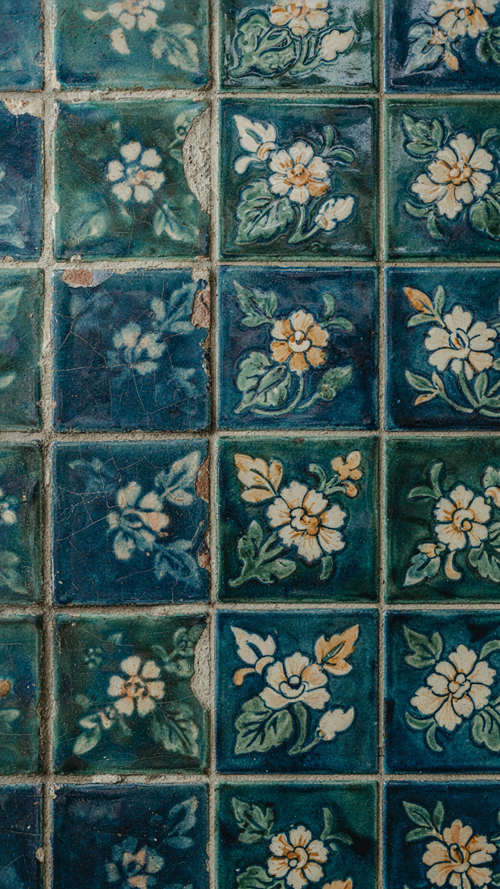 Close-up of reclaimed Victorian fireplace tiles with natural wear and imperfections.