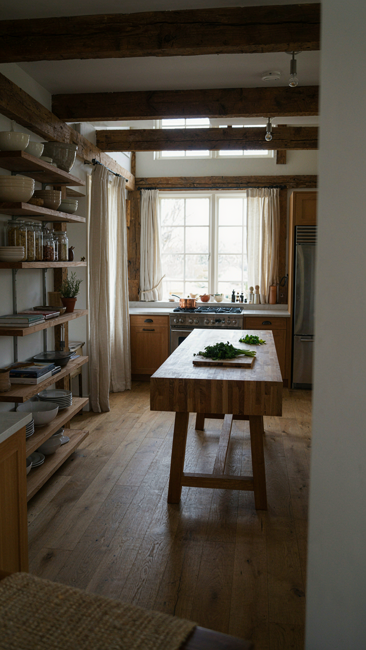 A functional, spacious kitchen fills a converted barn home with practical appliances.