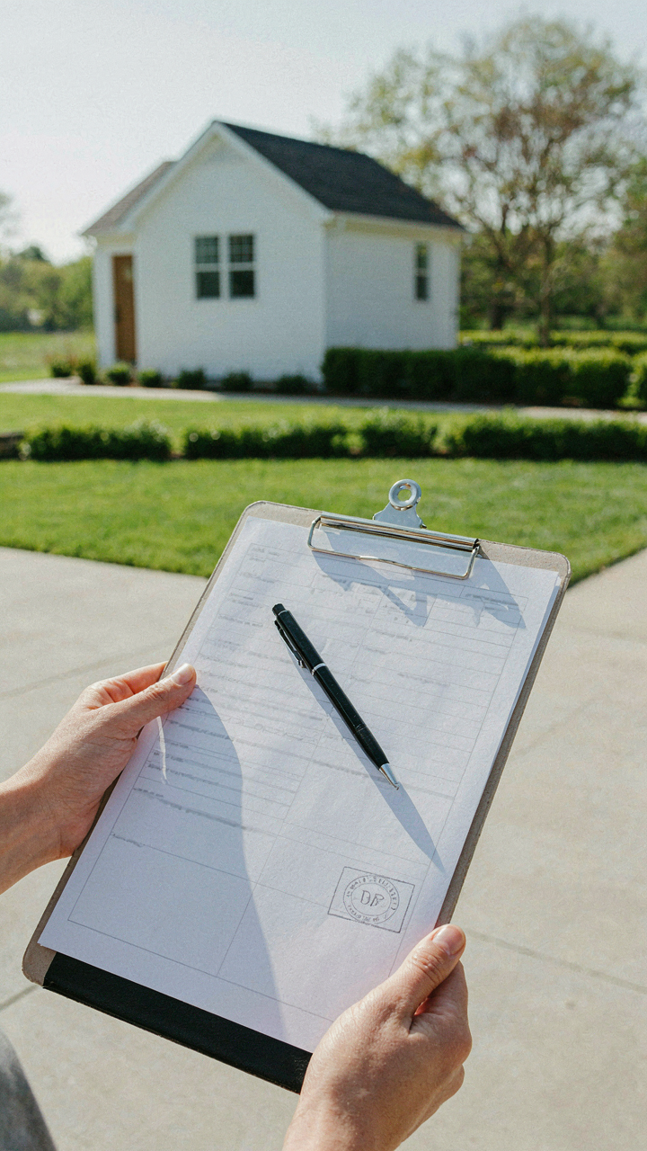 A property appraisal document on a clipboard, with an adu cottage in the background.