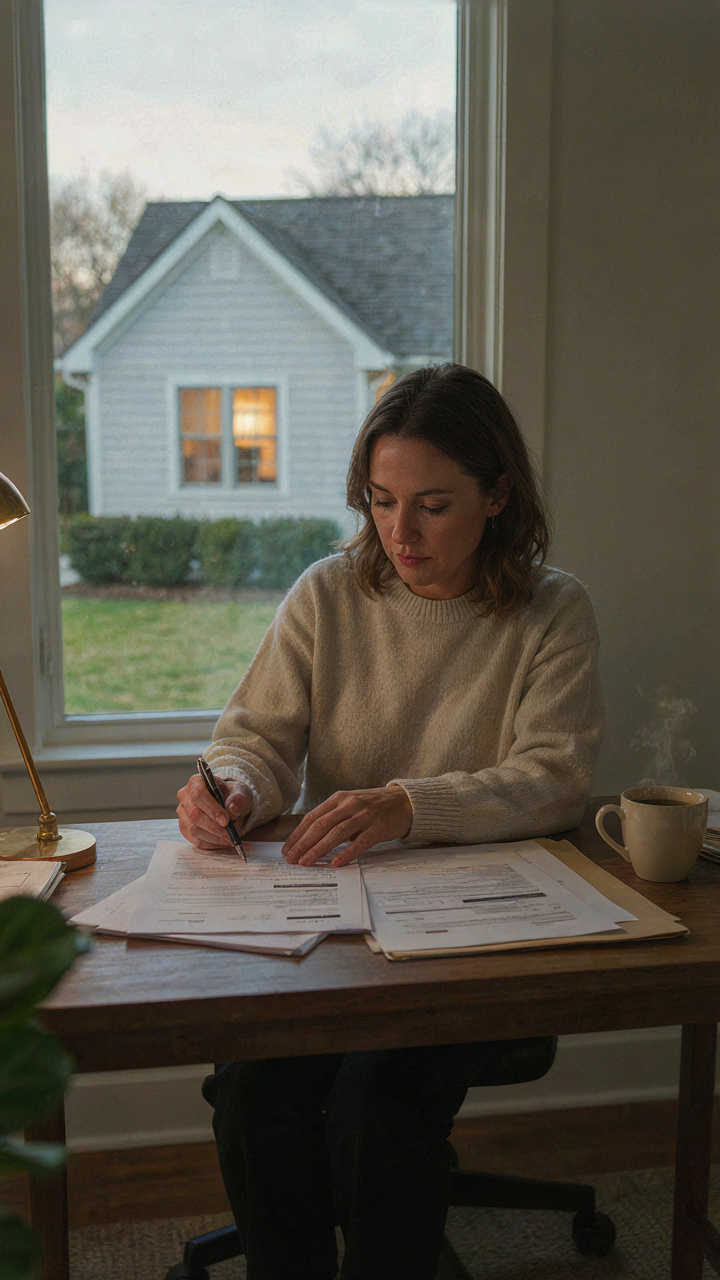 A person reviews legal documents on a desk, a backyard guest house seen through a window.