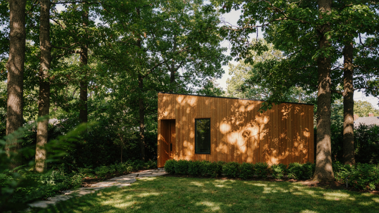 A modern backyard cabin stands peacefully among green trees.