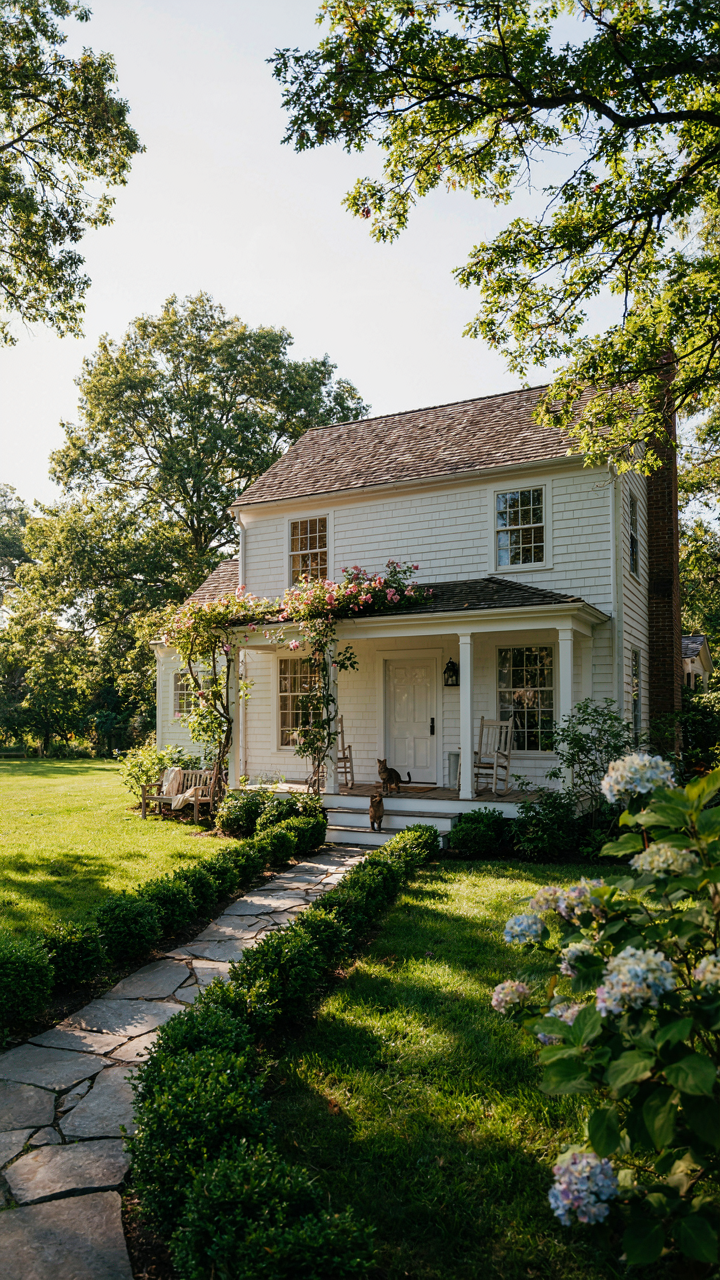 A backyard cottage visible from a main house, with a clear path.