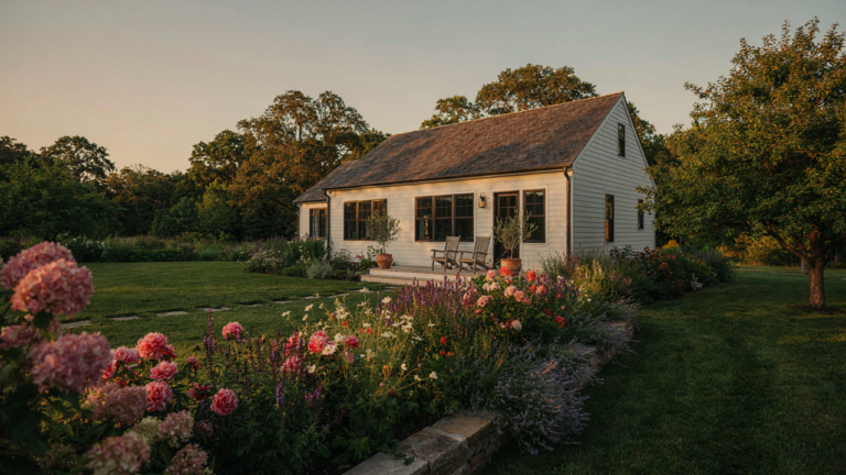 A modern backyard cottage with a small patio and colorful garden in the foreground.