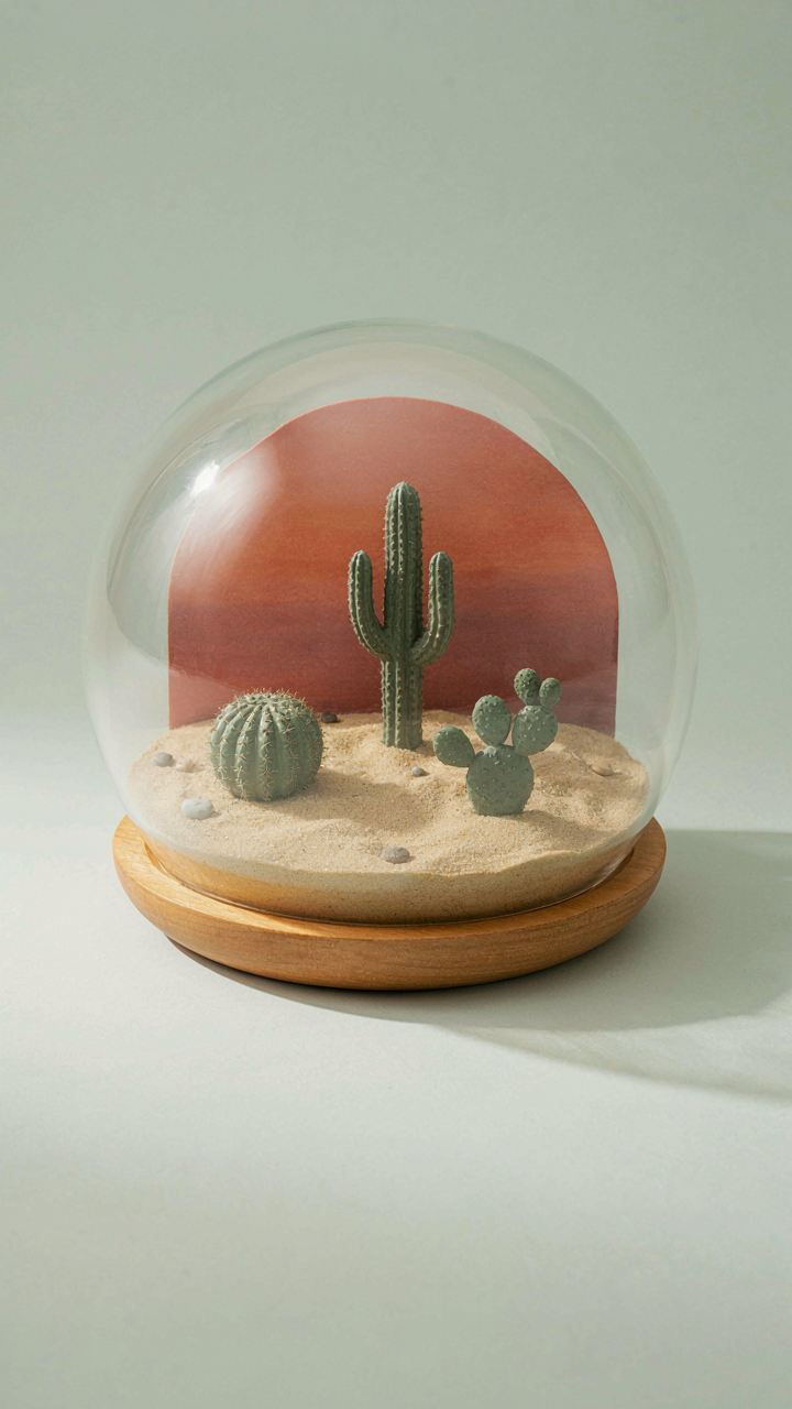 A detailed miniature desert diorama inside a glass dome.
