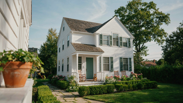 A small backyard cottage with a welcoming porch and a well-kept garden.