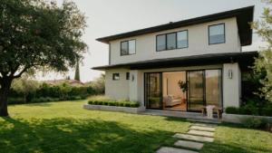 A modern guest house with large glass doors sits in a green backyard.