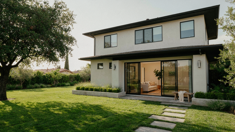 A modern guest house with large glass doors sits in a green backyard.