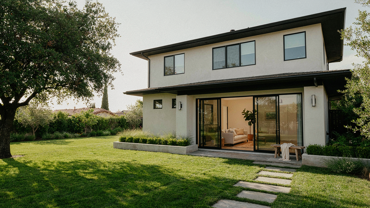 A modern guest house with large glass doors sits in a green backyard.