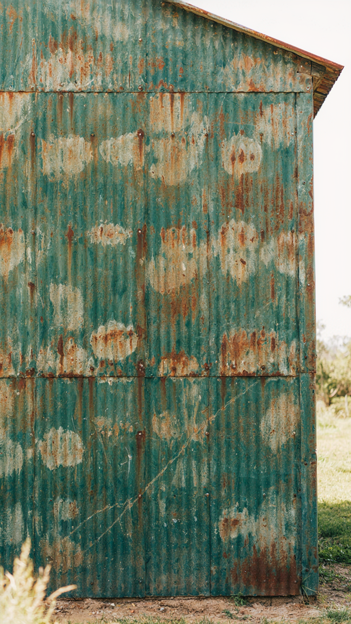 A corrugated metal shed wall showing a stable, oxidized finish.