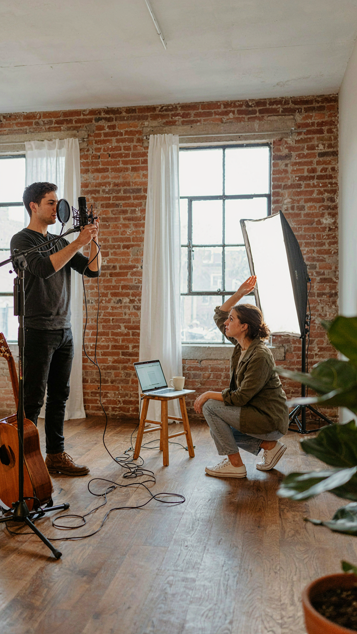 A backyard studio with a musician and a photographer working in different areas.