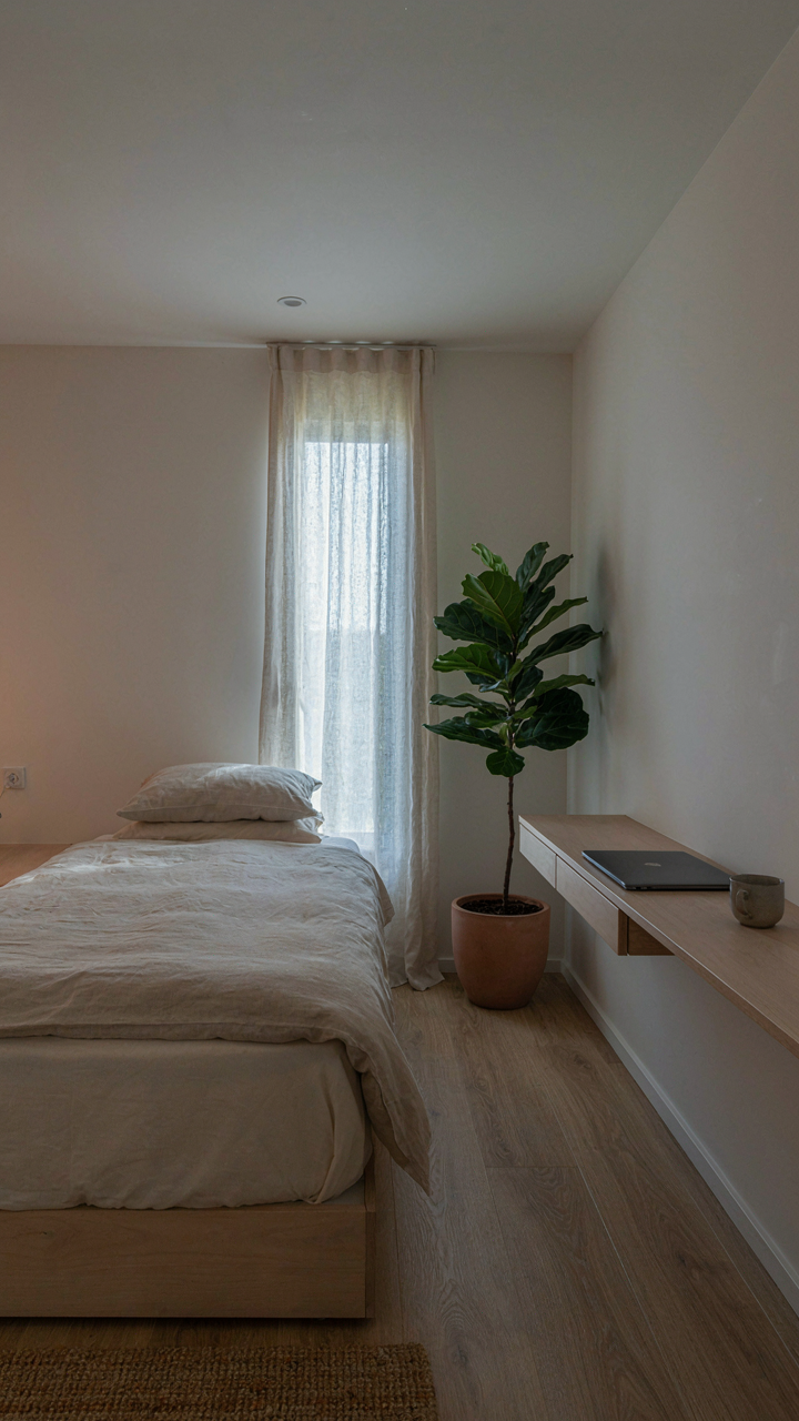 A minimalist interior of a tiny home with a bed and a desk.