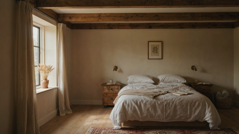 A warm barn house bedroom with exposed timber beams and soft light from a large window.