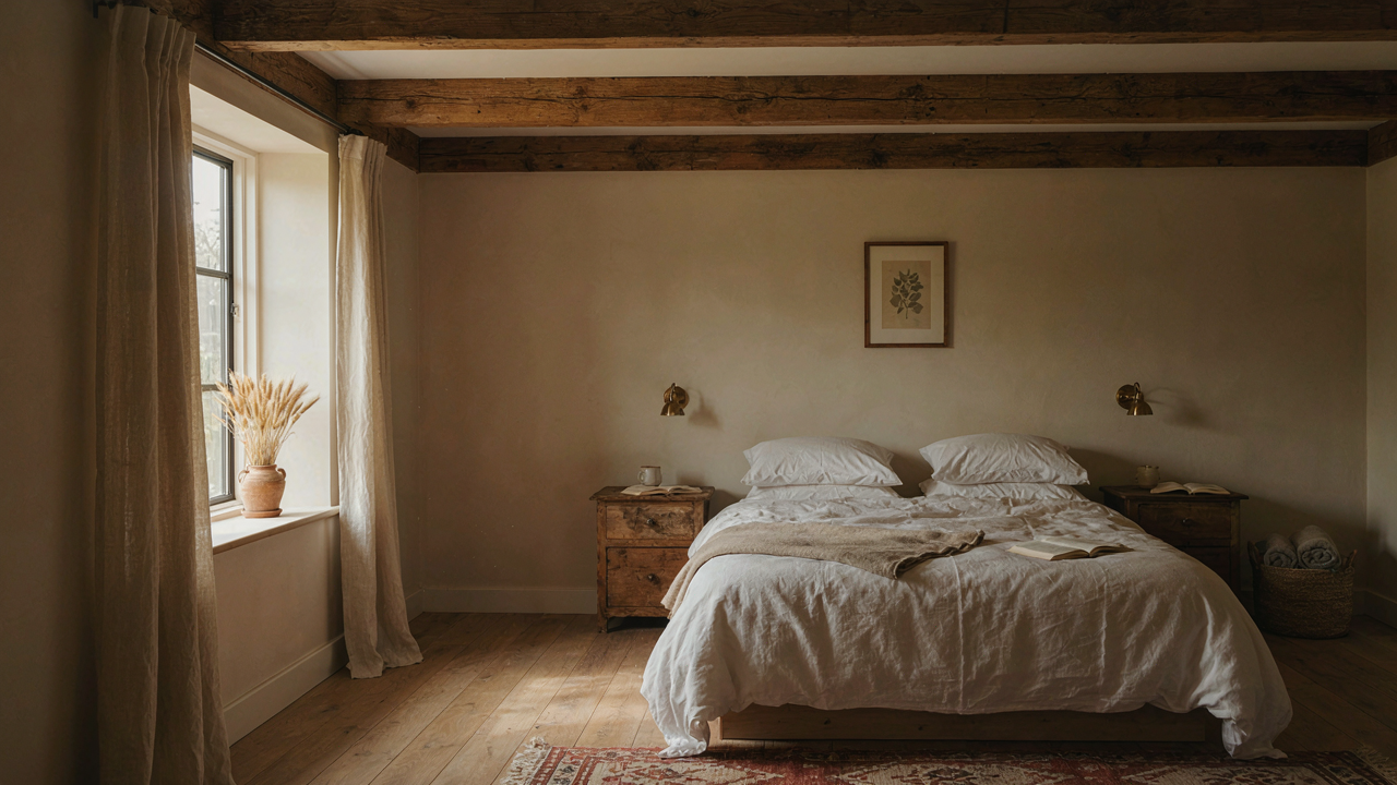 A warm barn house bedroom with exposed timber beams and soft light from a large window.