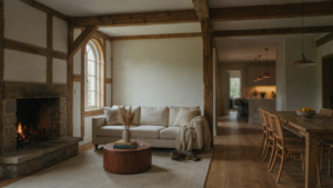 A spacious barn house interior with open rustic layout, exposed timber beams, and natural light.