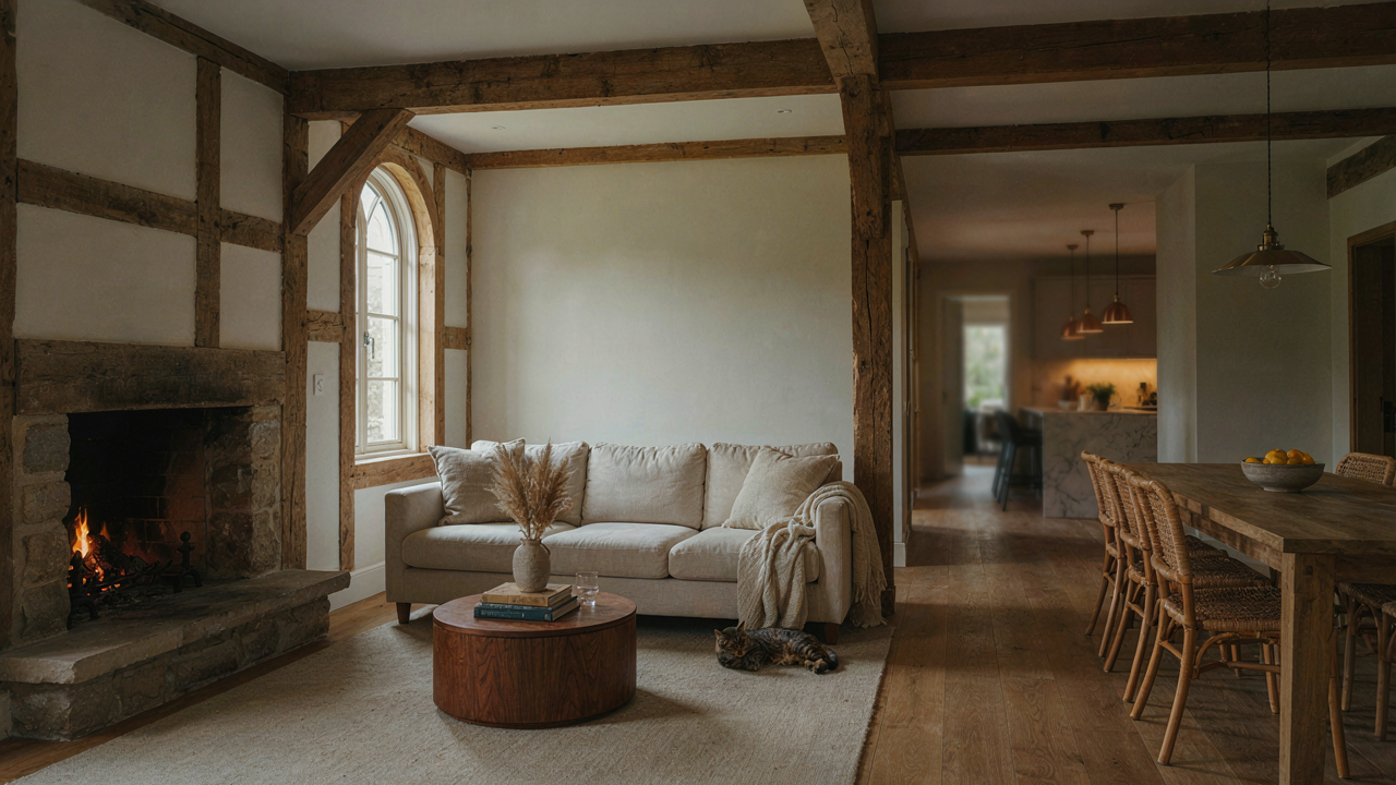 A spacious barn house interior with open rustic layout, exposed timber beams, and natural light.