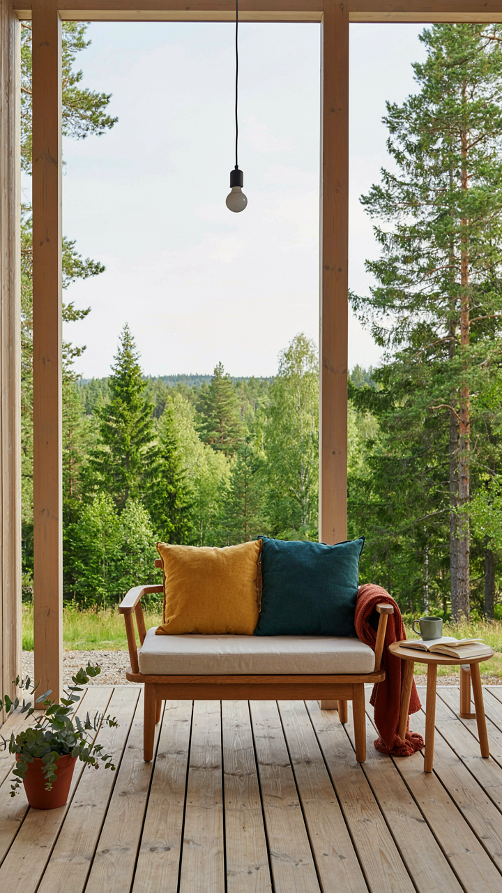 Open Scandinavian cabin porch with panoramic forest view, narrow beams.