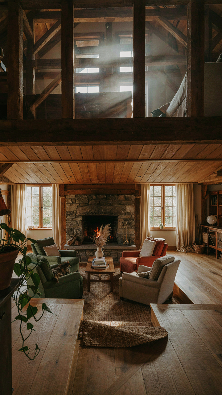 A sunken seating area in a barn house living room with a lowered ceiling.