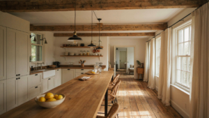 A modern barn house kitchen with large wooden beams and an open layout.