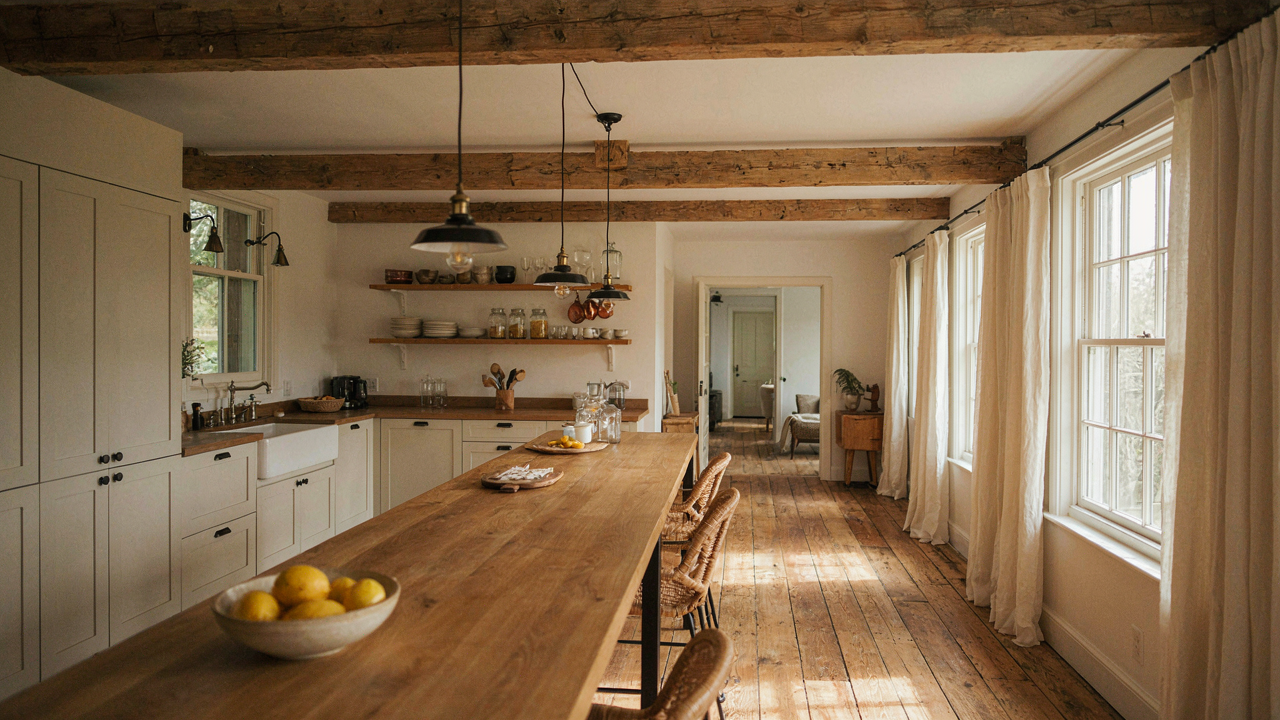 A modern barn house kitchen with large wooden beams and an open layout.