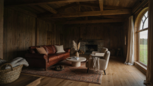 A large barn house living room with high ceilings and cozy furniture arrangements.