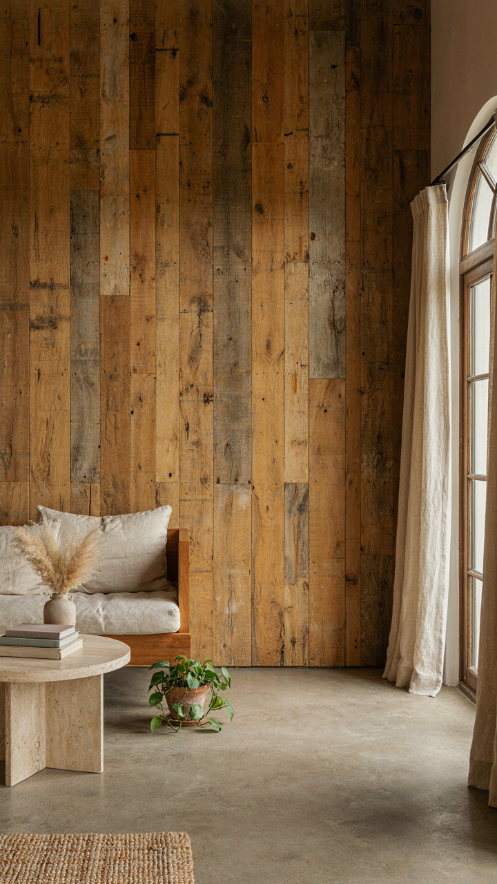 A wall made of reclaimed wood with visible grain in a barn house living room.