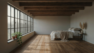 A bright, open barn loft bedroom with exposed beams and a floating bed.