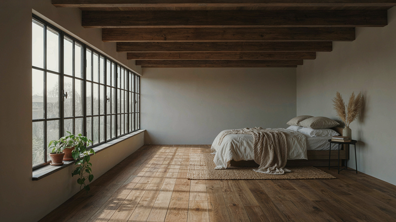 A bright, open barn loft bedroom with exposed beams and a floating bed.