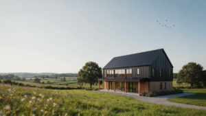 A beautiful barn style home surrounded by green fields under a clear sky.