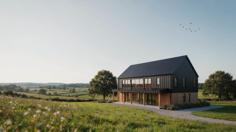 A beautiful barn style home surrounded by green fields under a clear sky.