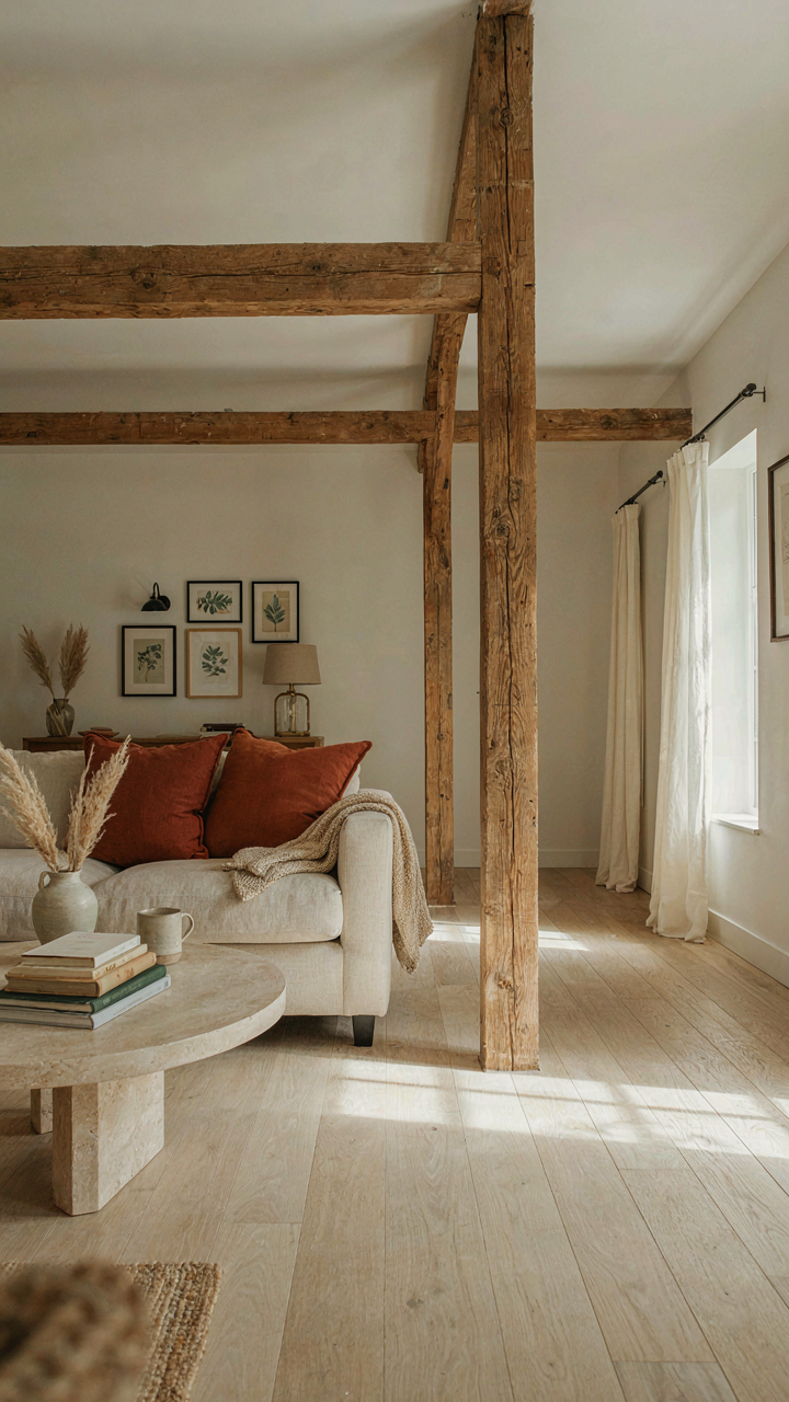 A barn-style living area in a modern farmhouse, showing exposed timber beams dividing space.