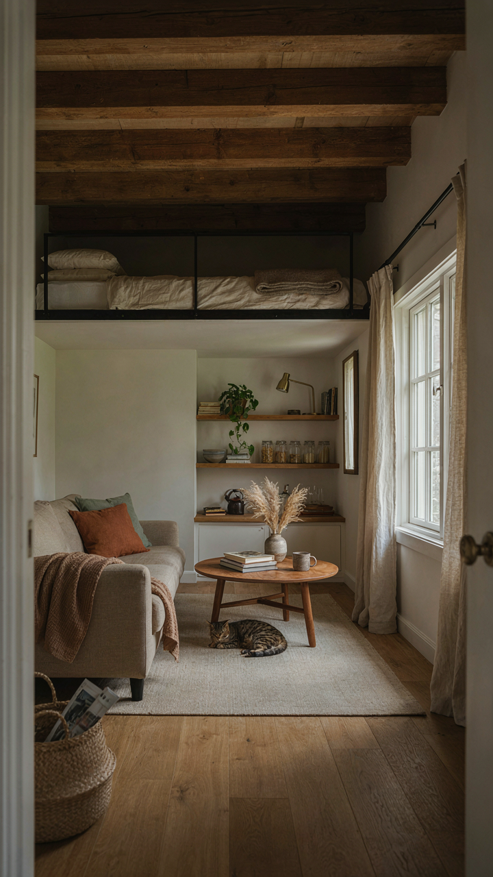 A compact barn house interior with a mezzanine, demonstrating efficient use of every square foot.