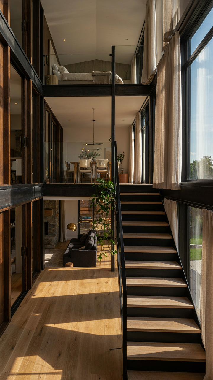 A multistory barn style home interior showing distinct vertical zones and natural light.