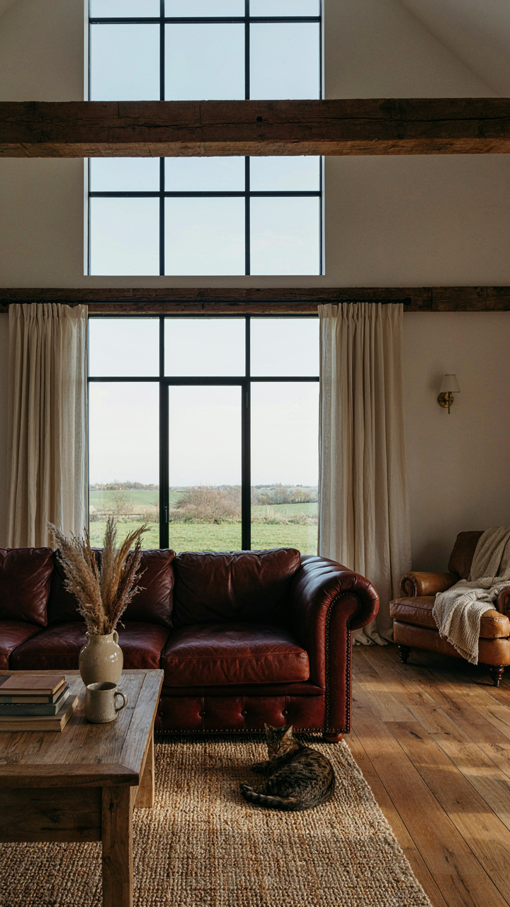 A low, deep sectional sofa sits on a large rug in a barn house living room.