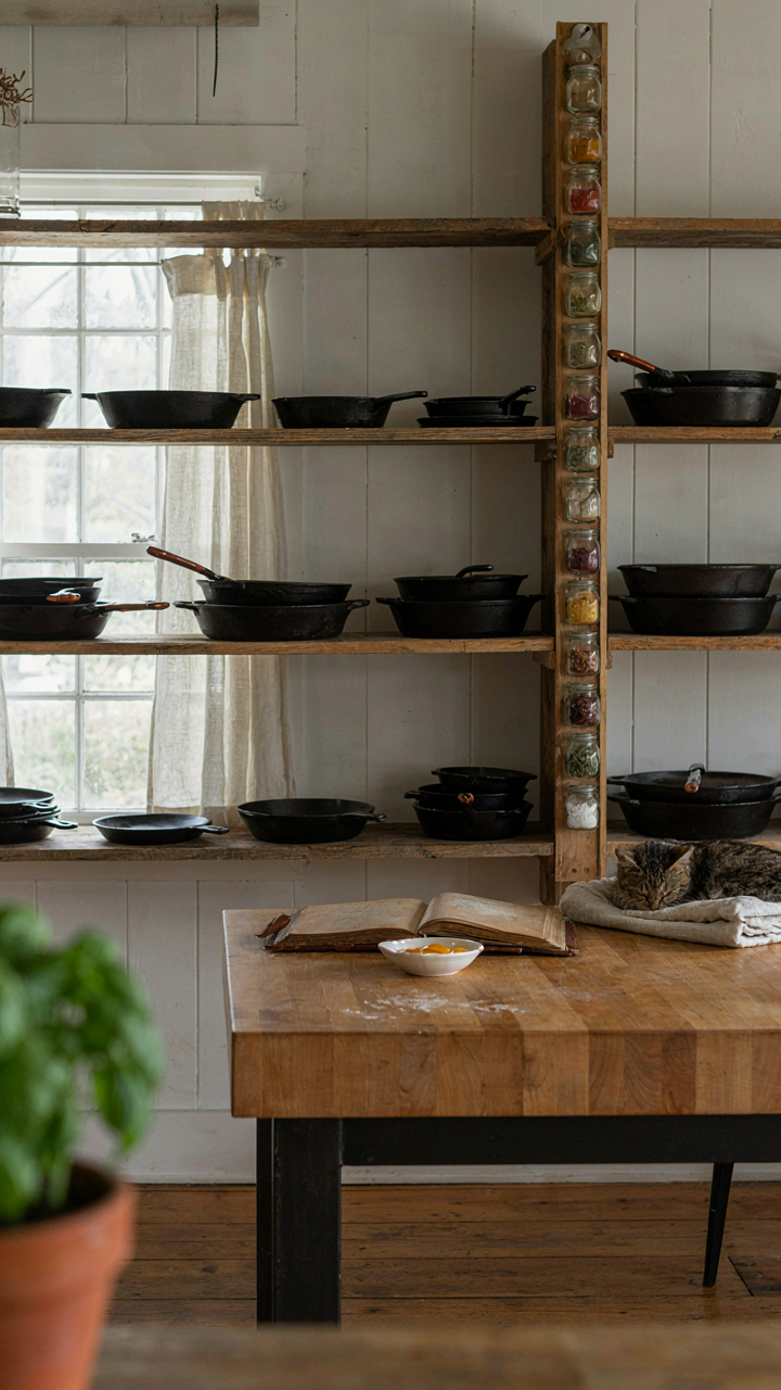 Open shelves in a barn house kitchen hold cast iron pans and spices.