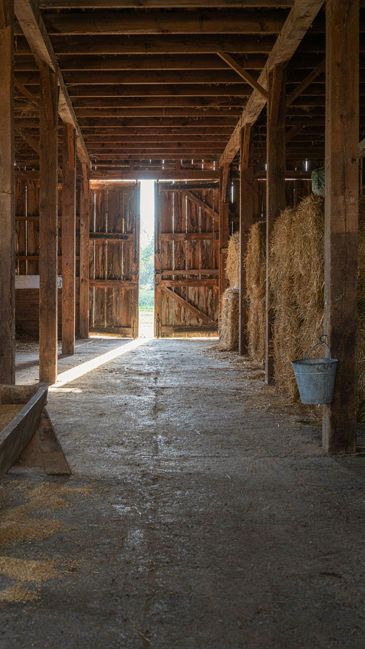 The interior of a working barn with a large, functional sliding door.