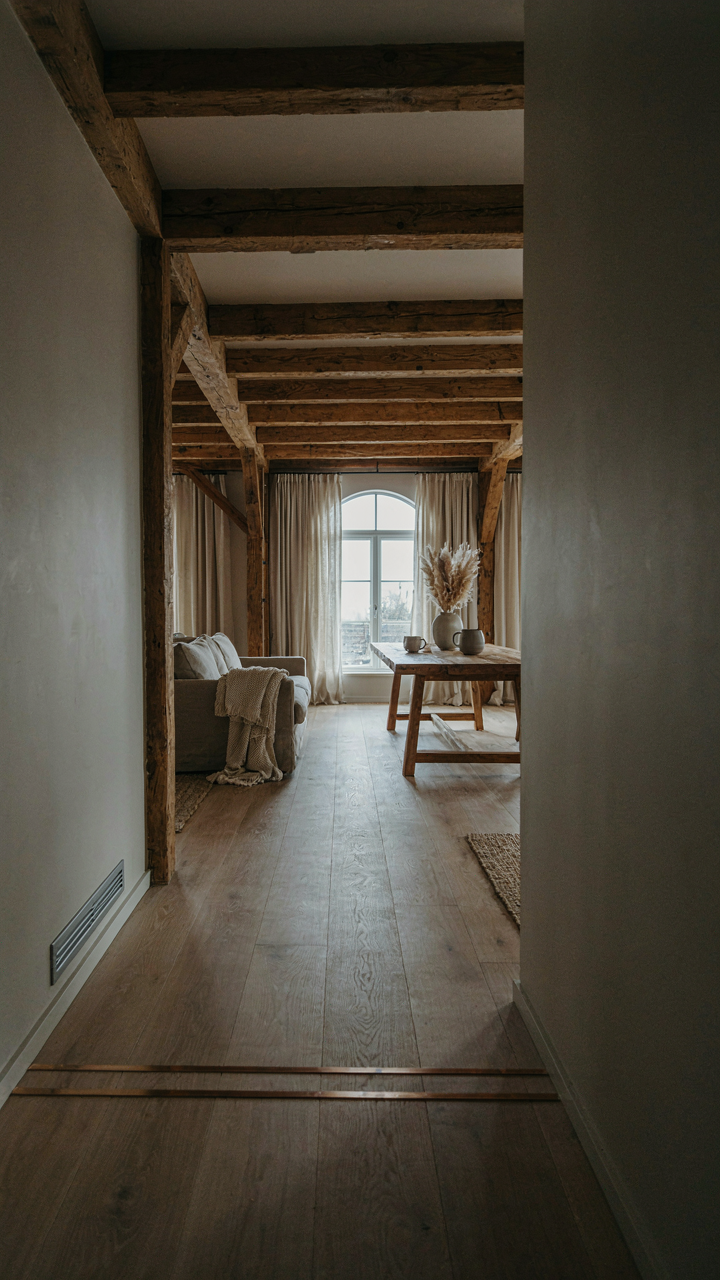 A modern barn house with exposed timber beams and subtly integrated heating and ventilation.