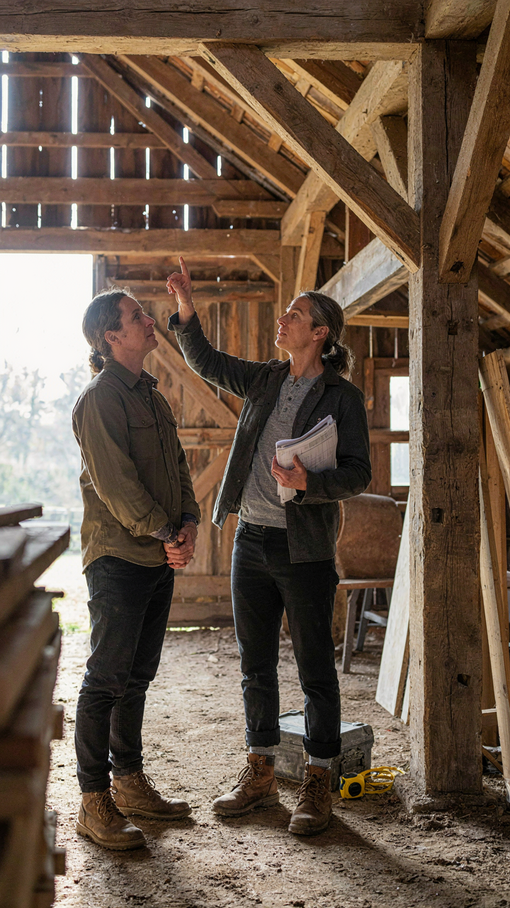 An engineer points at an old barn's load-bearing timbers, discussing structural elements.