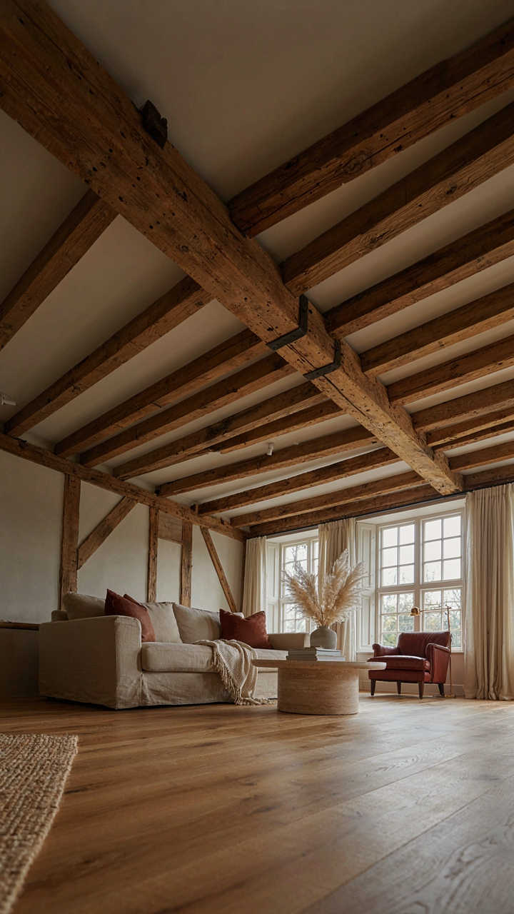Large reclaimed wooden beams support the ceiling of a barn house living room.
