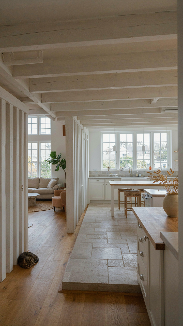 A kitchen on a raised platform and a partial wall dividing an open barn house interior.