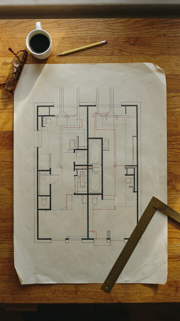 An architectural blueprint showing strategically clustered plumbing for bathrooms.